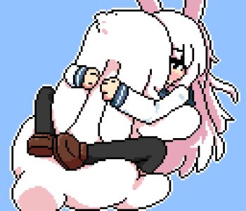 1girl animal animal_ears animated animated_gif bestiality black_thighhighs blue_background brown_shoes cross-section cum ejaculation heart hug internal_cumshot leg_lock long_hair lowres lying missionary on_back original outline oversized_animal pantyhose pixel_art qswan rabbit_ears rabbit_girl shoes thighhighs white_hair white_outline