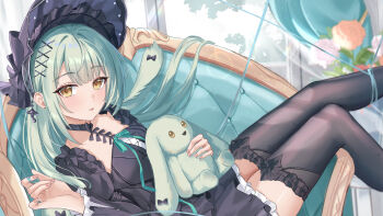 1girl absurdres animal_ears arknights bang_dream! bang_dream!_it&#039;s_mygo!!!!! black_bonnet black_dress black_thighhighs bonnet commentary_request couch curtains dress feet_out_of_frame floppy_ears flower frilled_thighhighs frills gothic_lolita green_hair hair_ornament highres holding holding_stuffed_toy lolita_fashion long_hair long_sleeves looking_at_viewer lying on_back on_couch rabbit_ears rabbit_girl rose sidelocks solo stuffed_animal stuffed_rabbit stuffed_toy thighhighs wakaba_mutsumi wakaba_mutsumi_(marionette&#039;s_id) wumin-x x_hair_ornament yellow_eyes