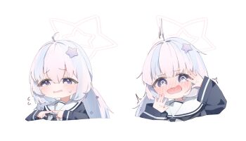 1girl @_@ ahoge blue_archive blue_hair blush chibi chibi_only commentary_request cropped_torso flying_sweatdrops full-face_blush hair_ornament halo hands_up highres index_fingers_together ixia559 jacket long_hair long_sleeves multicolored_hair multiple_expressions nervous open_mouth pink_hair pink_halo purple_eyes reisa_(blue_archive) sailor_collar school_uniform star_(symbol) star_hair_ornament star_halo sweatdrop two-tone_hair upright_ahoge white_background