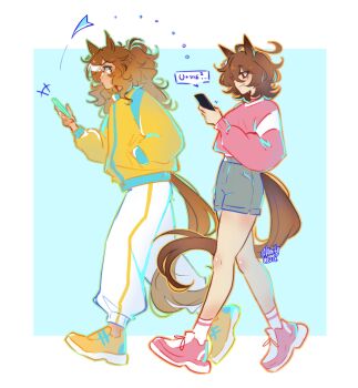 2girls absurdres agnes_tachyon_(umamusume) ahoge animal_ears breasts brown_hair calamity_brezze cellphone closed_mouth coat earrings grey_shorts hair_between_eyes hand_in_pocket hashtag-only_commentary highres holding holding_phone horse_ears horse_girl horse_tail jacket jewelry jungle_pocket_(umamusume) long_hair long_sleeves medium_hair multiple_girls notched_ear pants phone pink_sweater red_eyes shirt shoes shorts single_earring smartphone smile socks sweater tail text_messaging umamusume white_pants white_socks yellow_coat yellow_eyes yellow_jacket yuri