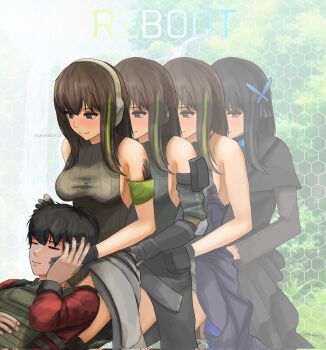 Rule 34 | 1boy, 2girls, bad id, bad twitter id, black dress, black hair, brown hair, bulletproof vest, butterfly hair ornament, clothes around waist, commander (girls' frontline), dgkamikaze, dress, frilled dress, frills, girls' frontline, green hair, hair ornament, headset, highres, jacket, jacket around waist, lap pillow, leotard, looking at another, looking at viewer, lunasia (girls' frontline), m4a1 (girls' frontline), multicolored hair, multiple girls, ribbed leotard, streaked hair
