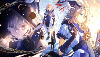 1boy albedo_(genshin_impact) aqua_eyes belt black_belt black_boots black_gloves black_shorts blonde_hair blood blue_shirt boots brown_gloves clmks000 closed_mouth coat collared_shirt elbow_gloves energy flower genshin_impact gloves gold_trim hair_between_eyes hand_up hashtag-only_commentary highres holding holding_sword holding_weapon hood hood_down hood_up hooded_coat lying male_focus medium_hair moon_phases multiple_views on_side parted_bangs parted_lips scar scar_on_neck shirt short_sleeves shorts silhouette smile snow standing sword thigh_boots two-tone_gloves upper_body vision_(genshin_impact) walking weapon white_coat white_flower