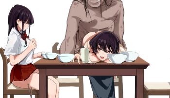 1boy 2girls absurdres apron bent_over black_eyes black_hair bow bowtie breast_press breasts bulge chair cheating_(relationship) chopsticks clothed_female_nude_male collared_shirt cum cup doggystyle erection erection_under_clothes hetero highres holding holding_newspaper implied_sex komi-san_wa_komyushou_desu komi_shouko komi_shuuko large_breasts leaning_forward long_hair mamimi_(mamamimi) microskirt miniskirt multiple_girls newspaper nude old old_man on_chair open_mouth panties penis plate pleated_skirt red_skirt sex sex_from_behind shirt short_hair short_sleeves skirt table ugly_bastard underwear upskirt v-neck white_shirt