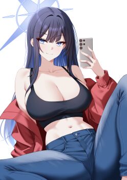 1girl alternate_costume black_hair blue_archive blue_eyes blue_hair blue_halo blue_pants breasts cellphone cleavage collarbone colored_inner_hair commentary denim english_commentary espada_gcon halo highres holding holding_phone jacket jeans large_breasts long_hair long_sleeves midriff multicolored_hair navel open_clothes open_jacket pants phone red_jacket saori_(blue_archive) selfie simple_background sitting smartphone smile solo spread_legs white_background