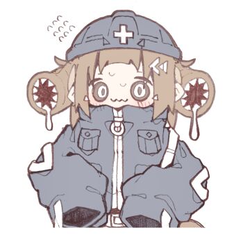 1girl absurdres bad_id bad_twitter_id belt black_helmet black_jacket blush breast_pocket brown_eyes brown_hair closed_mouth cropped_torso deformed drooling extra_mouth flying_sweatdrops helmet highres jacket long_sleeves looking_at_viewer missing_commentary nikamoka no_sclera original pocket pointy_ears sharp_teeth simple_background sleeves_past_fingers sleeves_past_wrists slit_pupils solo teeth wavy_mouth white_background white_eyes zipper