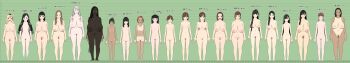 6+girls absurdres barefoot breasts completely_nude dark-skinned_female dark_skin feet from_front height_chart highres houjiro_towako_(kuzukago) houjiro_yoriko_(kuzukago) huge_breasts kuzukago_(bitchmaker) lineup multiple_girls nude pubic_hair tan