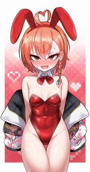 1girl ahoge animal_ears bare_legs bare_shoulders blue_archive blush bow bowtie braid breasts cleavage commentary_request detached_collar fake_animal_ears floral_print gradient_background hair_between_eyes heart highres jacket korean_commentary kumarang loli looking_at_viewer mole mole_under_eye neru_(blue_archive) neru_(bunny)_(blue_archive) open_mouth orange_hair playboy_bunny print_jacket rabbit_ears red_background red_bow red_bowtie red_eyes short_hair single_braid small_breasts solo sweatdrop thighs traditional_bowtie