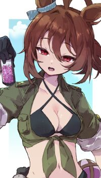 1girl agnes_tachyon_(lunatic_lab)_(umamusume) agnes_tachyon_(umamusume) ahoge animal_ears bikini black_bikini black_gloves breasts brown_hair commentary_request criss-cross_halter gloves green_jacket hair_between_eyes halterneck holding holding_test_tube horse_ears horse_girl huge_ahoge jacket jamir looking_at_viewer medium_breasts navel open_mouth red_eyes round_box short_hair sleeves_rolled_up solo stomach swimsuit test_tube tied_jacket umamusume