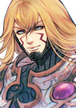 1boy armor blonde_hair blue_eyes facial_mark final_fantasy final_fantasy_xi hair_between_eyes kam'lanaut leki_ixion long_hair looking_at_viewer male_focus portrait simple_background smile solo twitter_username white_background
