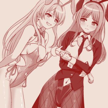 2girls animal_ears bang_dream! bang_dream!_it&#039;s_mygo!!!!! breasts chihaya_anon fake_animal_ears fishnet_pantyhose fishnets leotard long_hair lowres monochrome mosoro multiple_girls nagasaki_soyo navel pantyhose parted_bangs playboy_bunny smile strapless strapless_leotard