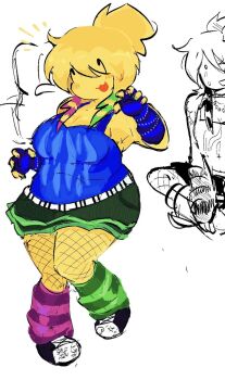 1other :3 bad_source belt blonde_hair fingerless_gloves fishnets gloves hair_bun highres miniskirt nail_polish noob_(roblox) roblox shoes skirt sneakers tank_top