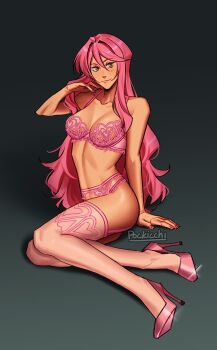 1girl arm_support bra collarbone commentary english_commentary full_body glint gradient_background grey_background hand_in_own_hair high_heels lingerie lisa_(pockicchi) long_hair looking_at_viewer nail_polish original panties pink_bra pink_hair pink_nails pink_panties pink_shoes pink_thighhighs pockicchi shoes sitting solo thighhighs underwear underwear_only yokozuwari