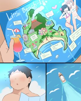 1boy 2girls bikini bird blue_sky boat bubukka cloud day faceless faceless_male highres holding holding_map map multiple_girls original outdoors pink_bikini sky summer swimsuit watercraft white_bikini