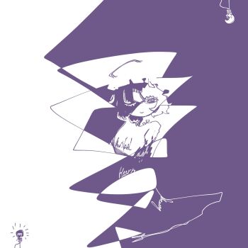 Rule 34 | 1girl, 3ma can omochi, abstract, blending, character name, closed mouth, commentary, facing viewer, feet out of frame, highres, light bulb, maribel hearn, monochrome, one eye closed, purple theme, shirt, short hair, skirt, smile, solo, touhou