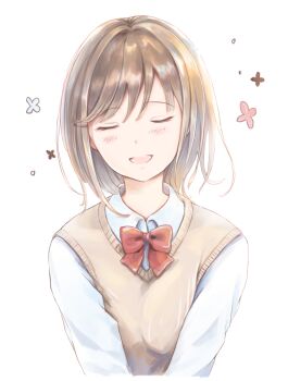 1girl bow bowtie brown_hair brown_sweater_vest choppy_bangs closed_eyes commentary_request cropped_torso facing_viewer highres kototomari open_mouth original red_bow red_bowtie shirt short_hair smile solo sweater_vest white_background white_shirt