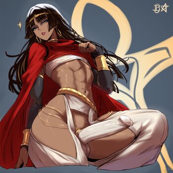 1boy abs ankh bellink blue_eyeshadow blunt_bangs blunt_sidelocks cloak cock_ring covered_penis dark-skinned_male dark_skin earrings erection eyeshadow gold gold_earrings highres hoop_earrings jewelry large_penis light_smile makeup male_focus midriff non-web_source original penis penis_sheath red_cloak self-upload sex_toy sidelocks testicles toned toned_male trap yellow_eyes