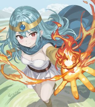 1girl belt blue_cape blue_gemstone blue_hair blue_sky boots breasts brown_belt cape circlet cleavage clenched_hand cloud commentary_request day dragon_quest dragon_quest_iii dress elbow_gloves fire floating_clothes floating_hair from_above gem gloves gold_circlet grass knee_up long_hair looking_to_the_side magic medium_breasts meno_forte open_hand outdoors pyrokinesis red_eyes sage_(dq3) sky smile solo strapless strapless_dress white_dress yellow_boots yellow_gloves