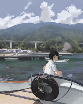 Rule 34 | 1girl, black eyes, black hair, blue sky, boat, bridge, cloud, day, harbor, lamppost, mountain, original, outdoors, scenery, shiira, shirt, short hair, short sleeves, sky, smile, solo, water, watercraft, white shirt