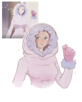 1girl absurdres artist_name black_hair blue_eyes coat commentary english_commentary eyelashes fur-trimmed_coat fur_trim gloves highres nico_robin one_piece open_mouth pank0tan pink_coat pink_gloves simple_background solo white_background