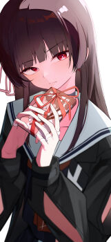 Rule 34 | 1girl, absurdres, arm cutout, asame (asame47), black hair, black jacket, black shirt, box, chisa (wuthering waves), closed mouth, clothing cutout, commentary, gift, gift box, hair ribbon, highres, holding, holding gift, jacket, long hair, long sleeves, looking at viewer, neckerchief, red eyes, red neckerchief, red ribbon, ribbon, sailor collar, shirt, solo, upper body, white sailor collar, wuthering waves