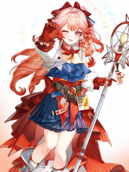 1girl ;d arknights belt blue_skirt blush boots bow chinese_commentary commentary_request dress drill earrings gloves gujiulan hair_bow haruka_(arknights) highres holding holding_staff jacket jewelry long_hair looking_at_viewer mole mole_on_cheek multicolored_hair one_eye_closed one_side_up open_mouth orange_hair pink_eyes pink_hair pointy_ears puffy_sleeves red_bow red_gloves simple_background skirt smile socks solo staff standing white_background white_jacket