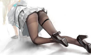 1girl all_fours arknights arknights:_endfield ass bare_shoulders black_panties black_shoes blonde_hair blurry blurry_background brown_pantyhose commentary crawling depth_of_field dress from_behind gloves hidulume high_heels highres hood hood_down hooded_jacket jacket leg_focus legs long_hair off_shoulder panties panties_under_pantyhose pantyhose pantyshot perlica_(arknights) pleated_dress shoes short_dress simple_background solo thigh_strap thighband_pantyhose three-quarter_sleeves underwear upskirt white_background white_dress white_jacket