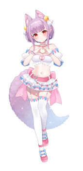 Rule 34 | 1girl, :o, animal ear fluff, animal ears, bell, belt, belt buckle, blush, breasts, buckle, chitetan, cleavage, cleavage cutout, clothing cutout, commentary request, detached sleeves, dotted line, full body, garter straps, hair bell, hair ornament, hands up, head tilt, heart, heart-shaped buckle, heart cutout, heart hands, indie virtual youtuber, jingle bell, katagiri mami, large breasts, navel, parted lips, pink belt, pink shoes, pleated skirt, pointy ears, puffy short sleeves, puffy sleeves, purple hair, red eyes, shoes, short sleeves, simple background, skirt, solo, standing, standing on one leg, tail, thighhighs, virtual youtuber, watermark, white background, white skirt, white sleeves, white thighhighs, wrist cuffs
