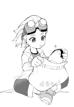 1boy bag bird boots child collar commentary_request dr._stone gloves goggles goggles_on_head greyscale highres holding indian_style lab_coat long_sleeves male_focus medium_hair monochrome okkobc open_mouth pants parted_lips penguin rocket shirt shoes short_hair simple_background sitting sketch sparkle star_(symbol) surprised t-shirt thick_eyebrows twitter_username white_background white_boots xeno_(dr.stone)