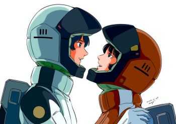 Rule 34 | 1boy, 1girl, aeug, black hair, blue eyes, blue hair, couple, fa yuiry, gundam, helmet, hetero, highres, holding, kamille bidan, looking at another, mecha pilot suit, military uniform, normal suit (gundam), open mouth, pgmajimaji, pilot helmet, science fiction, short hair, simple background, smile, white background, zeta gundam