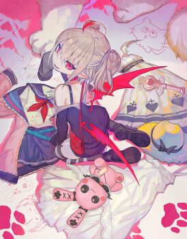 1girl ahoge animal_ear_legwear bag bare_shoulders boots cardigan collar commentary_request demon_girl demon_wings dress full_body grey_hair handbag hat heart highres lack long_sleeves looking_back makaino_ririmu makaino_ririmu_(1st_costume) makaino_ririmu_(2nd_costume) makaino_ririmu_(3rd_costume) makaino_ririmu_(4th_costume) medium_hair miniskirt multicolored_hair neckerchief nijisanji off-shoulder_jacket off_shoulder official_art parted_lips pointy_ears red_collar red_eyes red_hair red_neckerchief sailor_collar seiza sitting skirt sleeves_past_fingers sleeves_past_wrists solo streaked_hair striped_clothes striped_thighhighs stuffed_animal stuffed_rabbit stuffed_toy thighhighs twintails virtual_youtuber white_dress wings