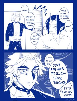 2boys arataki_itto belt blue_background blue_border border bracelet brothers choker chopsticks collared_shirt commentary cowboy_shot cropped_jacket earrings english_text genshin_impact highres holding holding_chopsticks horns indoors jacket jewelry long_hair looking_at_another looking_back looking_to_the_side male_focus monochrome multiple_boys no_eyes no_pupils oni open_clothes open_door open_jacket pants parted_lips pointy_ears portrait shirt siblings sound_effects speech_bubble spiked_bracelet spiked_choker spikes sweatdrop takuya_(genshin_impact) twitter_username unholymilk white_background