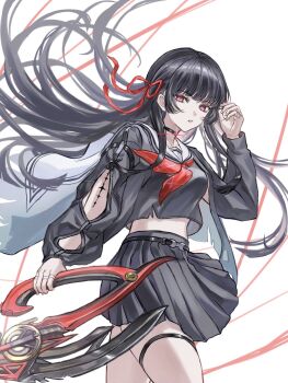 1girl arm_cutout black_choker black_hair black_serafuku black_shirt black_skirt breasts chisa_(wuthering_waves) choker clothing_cutout commentary crop_top fingernails hair_ribbon hand_up highres holding holding_sword holding_weapon long_hair long_sleeves looking_at_viewer medium_breasts parted_lips red_eyes red_ribbon ribbon sailor_collar school_uniform serafuku shirt simple_background skirt solo sword tacet_mark_(wuthering_waves) thigh_strap thighs very_long_hair wa_serin weapon white_background white_sailor_collar wuthering_waves