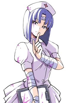 Rule 34 | 1girl, bandaged arm, bandaged head, bandages, blood, blood on clothes, blood on face, blood on object, bloody bandages, blue hair, bob cut, clipboard, closed mouth, commentary request, cowboy shot, finger to mouth, halloween costume, hat, highres, holding, holding clipboard, looking at viewer, nurse, nurse cap, pink blood, precure, puffy short sleeves, puffy sleeves, purple eyes, shiratori yuriko, shirt, short hair, short sleeves, shushing, simple background, skirt, smile, solo, standing, tropical-rouge! precure, uraki, white background, white shirt, white skirt