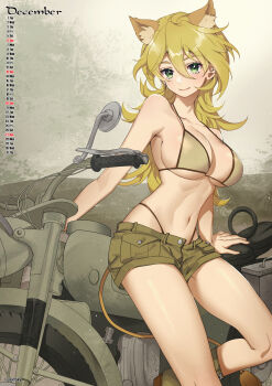 1girl absurdres animal_ears bikini blonde_hair boots breasts cat_ears cat_girl cat_tail commentary_request dan_kanemitsu green_eyes highres large_breasts long_hair looking_at_viewer military_vehicle motor_vehicle motorcycle navel original outdoors shorts sitting smile solo swimsuit tail yellow_bikini