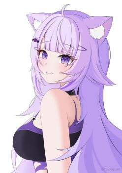 Rule 34 | 1girl, absurdres, ahoge, animal ears, blush, breasts, cat ears, cat girl, closed mouth, commentary request, crop top, diamond-shaped pupils, diamond (shape), highres, hololive, large breasts, looking at viewer, looking back, nekomata okayu, nekomata okayu (gyaru), purple eyes, purple hair, simple background, smile, solo, symbol-shaped pupils, white background, yasaragi