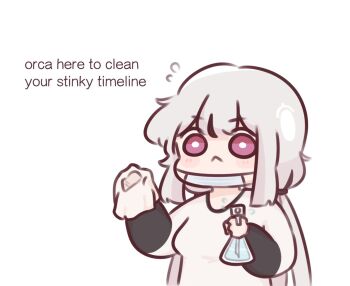 1girl :< artist_self-insert black_hair blush_stickers bottle breasts chonkyorca cleaning_rag closed_mouth cloth commentary english_text flying_sweatdrops grey_hair hands_up highres holding long_sleeves low_twintails mask mask_pull medium_breasts mouth_mask multicolored_hair orca_(chonkyorca) original puffy_long_sleeves puffy_sleeves purple_eyes shirt simple_background spray_bottle streaked_hair surgical_mask symbol-only_commentary twintails upper_body white_background white_shirt