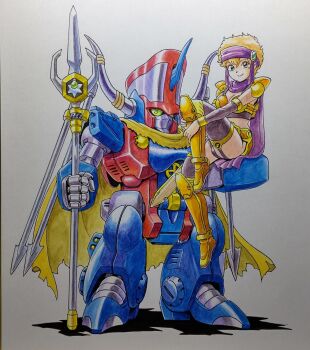 1girl armor armored_boots bikini_armor blonde_hair boots cape character_request commentary_request dan_arrow detached_sleeves full_body garter_straps gold_armor green_eyes hand_on_own_leg headband highres holding holding_polearm holding_weapon horns knee_up mecha midriff mizutani_kenta polearm purple_headband purple_scarf purple_sleeves purple_thighhighs robot rpg_densetsu_hepoi scarf short_hair shoulder_armor simple_background sitting standing thighhighs torn_cape torn_clothes traditional_media trident weapon white_background yellow_cape