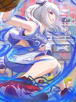 Rule 34 | 3girls, absurdres, armpits, ball, basketball, basketball (object), basketball uniform, black sports bra, blonde hair, blue eyes, blue hair, blue shorts, breasts, bungo yayoi, clothes writing, commentary, double bun, green hair, grey hair, hair bun, heaven burns red, heterochromia, highres, holding, holding ball, jersey, kanzaki adelheid, long hair, midriff, multiple girls, nike (company), open mouth, psy (artist), purple hair, purple shirt, purple shorts, red eyes, sakuraba seira, satsuki mari, shirt, shoes, shorts, sleeveless, smile, sneakers, solo focus, sports bra, sportswear, squatting, stadium, sweat, sweatband, symbol-only commentary, tank top, tenne miko, twintails, virtual youtuber, white hair, yamawaki bon ivar