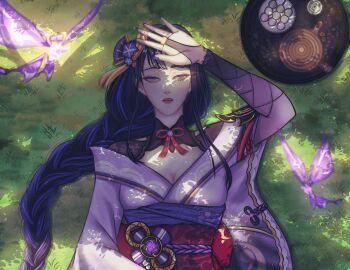 Rule 34 | 1girl, absurdres, blunt bangs, blurry, braid, breasts, bug, butterfly, cleavage, clothing cutout, commentary, crystalfly (genshin impact), dappled sunlight, day, depth of field, fan hair ornament, food, genshin impact, glowing butterfly, grass, highres, insect, japanese clothes, large breasts, long braid, looking up, lying, mitsudomoe (shape), mole, mole under eye, multicolored hair, neck ribbon, nxxin, off shoulder, on back, on grass, open mouth, outdoors, purple eyes, purple hair, raiden shogun, red ribbon, red sash, ribbon, sash, shade, shoulder cutout, single braid, solo, streaked hair, sunlight, tomoe (symbol), tray, tree, tree shade, wide sleeves