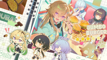 Rule 34 | 3girls, abby (wuthering waves), absurdres, black hair, black nails, blonde hair, blush stickers, burger, chibi, chibi inset, commentary request, earrings, female rover (perpetual spark) (wuthering waves), female rover (wuthering waves), fingernails, food, grey hair, hand up, headphones, headphones around neck, highres, jewelry, long hair, looking at viewer, lynae (wuthering waves), mornye (wuthering waves), multiple girls, nail polish, open mouth, purple eyes, rover (wuthering waves), shotgunman, smile, star (symbol), star earrings, v, wuthering waves, yellow eyes