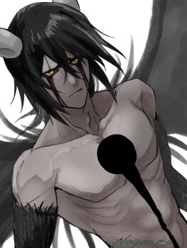1boy abs arrancar artist_name black_hair black_sclera bleach closed_mouth collarbone colored_sclera hair_between_eyes highres hishui_prpr hole_in_chest hole_on_body horns looking_at_viewer male_focus medium_hair pectorals ribs simple_background solo ulquiorra_cifer upper_body white_background wings yellow_eyes