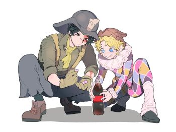 2boys :3 belt black_footwear black_hair blonde_hair blue_eyes bottle bridge_piercing brown_belt brown_footwear brown_hat candy closed_mouth commentary curtained_hair diet_coke_and_mentos_(meme) face_piercing food foreshortening full_body gloves green_gloves green_neckerchief green_socks grey_eyes grey_pants grey_shirt hat helmet highres holding holding_candy holding_food identity_v invisible_floor knee_up leg_warmers light_frown long_sleeves looking_at_object looking_down male_focus meme mentos mike_morton multicolored_pants multicolored_shirt multiple_boys neckerchief norton_campbell pants piercing shadow shirt shoes side-by-side socks soda_bottle squatting stitched_mouth stitches three-quarter_sleeves tsuntenponten white_background white_leg_warmers