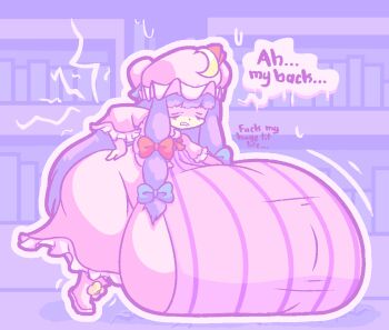 1girl back_pain blue_bow boots bow breast_expansion breasts closed_eyes closed_mouth commentary crescent crescent_hat_ornament dress english_commentary gigantic_breasts hair_bow hand_on_own_hip hat hat_ornament jaggy_lines long_hair mob_cap motion_lines outline patchouli_knowledge pink_hat purple_boots purple_dress purple_hair red_bow speech_bubble teeth touhou very_long_hair viviluxe white_outline yellow_bow