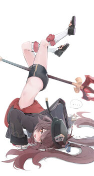 ... 1girl absurdres artist_name bare_legs black_hat black_shoes black_shorts blush brown_hair commentary_request english_text flower flower-shaped_pupils genshin_impact hair_between_eyes hat highres hooriyuu hu_tao_(genshin_impact) multicolored_eyes nail_polish open_mouth red_flower shoes shorts socks symbol-shaped_pupils weapon_between_legs white_socks