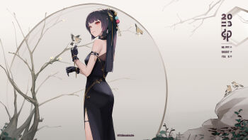 1girl 2023 alternate_costume animal arm_strap ass bare_shoulders bare_tree bird bird_on_hand black_dress black_gloves black_hair bush china_dress chinese_clothes chinese_zodiac closed_mouth dress eyeshadow from_side genshin_impact gloves gold_trim hair_ornament happy_new_year heitian_keji highres long_hair makeup new_year red_eyes rock side_slit solo sparrow tree year_of_the_rabbit yun_jin_(genshin_impact)
