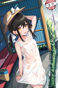 1girl arm_tattoo bag bench black_hair blush bow bracelet breasts bus_stop bus_stop_sign dress earrings embarrassed flower_earrings grass handbag hat hat_bow highres jewelry minamura_haruki navel no_bra open_mouth original panties rain see-through_clothes see-through_dress small_breasts solo tattoo underwear webp-to-png_conversion wet wet_clothes white_bow white_dress white_panties yellow_eyes