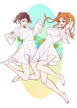 2girls barefoot black_hair bleach breasts brown_eyes copyright_name floating hair_ornament hairclip highres inoue_orihime kuchiki_rukia large_breasts legs long_hair looking_at_viewer medium_hair multiple_girls n_(nauki_11) orange_hair simple_background small_breasts snowflake_hair_ornament twintails wide_sleeves