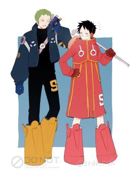 Rule 34 | 2boys, black bodysuit, black hair, blue gloves, blue jacket, bodysuit, closed eyes, coat, commentary request, facial scar, full body, gloves, green hair, grin, hand on own hip, hat, headphones, highres, holding, jacket, katana, looking at another, male focus, monkey d. luffy, multiple boys, multiple swords, notice lines, official alternate costume, one eye closed, one piece, red coat, red gloves, roronoa zoro, scar, scar across eye, scar on cheek, scar on face, short hair, silver mssk, smile, standing, straw hat, sword, sword on back, unworn hat, unworn headwear, weapon, weapon on back