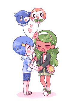 2girls :d aged_down bag balloon blue_eyes blue_hair blue_hoodie blue_shorts catsubun_(kkst0904) closed_eyes commentary dark-skinned_female dark_skin eyelashes gen_7_pokemon green_hair hair_down hairband heart holding holding_hands holding_string hood hoodie lana_(pokemon) long_hair looking_at_another mallow_(pokemon) multiple_girls nintendo open_mouth pink_bag pokemon pokemon_(anime) pokemon_sm_(anime) popplio rowlet sandals short_hair short_sleeves shorts shoulder_bag smile string themed_object white_hairband yuri