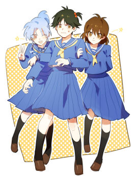 1boy 2girls black_hair blue_hair botan_(yu_yu_hakusho) brown_hair closed_mouth crossdressing crossdressing_(mtf) highres ki_(pixiv16186949) kneehighs long_sleeves multiple_girls polka_dot polka_dot_background school_uniform short_hair skirt socks urameshi_yuusuke v white_background yukimura_keiko yuu_yuu_hakusho